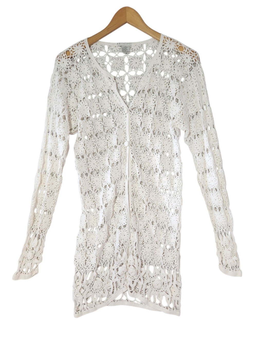 Crochet Cardigan White Sweater Med Boho Open Knit Button Front Cover Up Festival - Picture 6 of 15